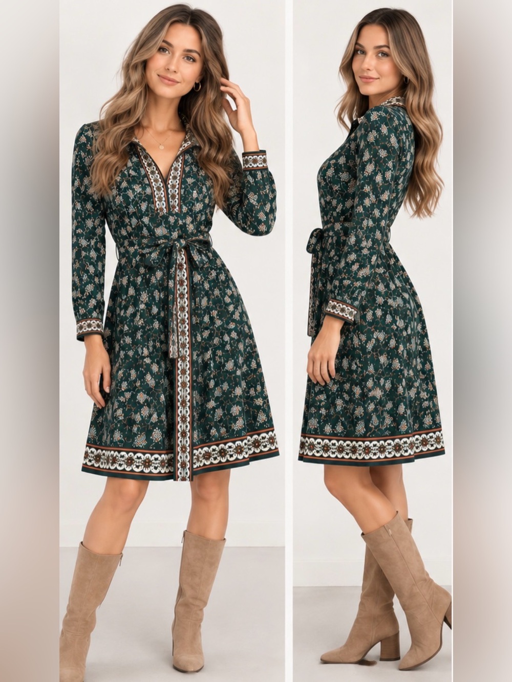 Vintage inspired Max Studio Green Floral Long-Sleeve Tie-Waist A-Line Dress